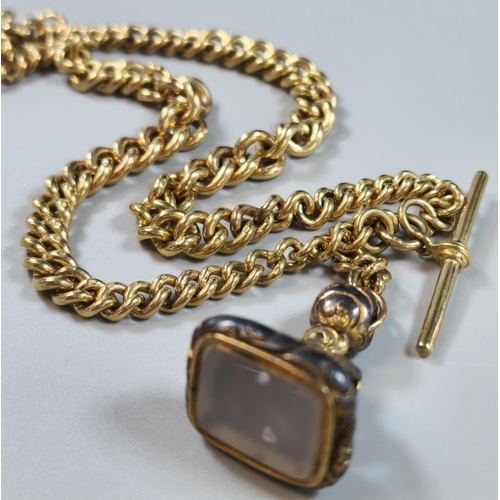 83 - 9ct gold T bar pocket watch chain with seal fob. 59g approx. (B.P. 21% + VAT)