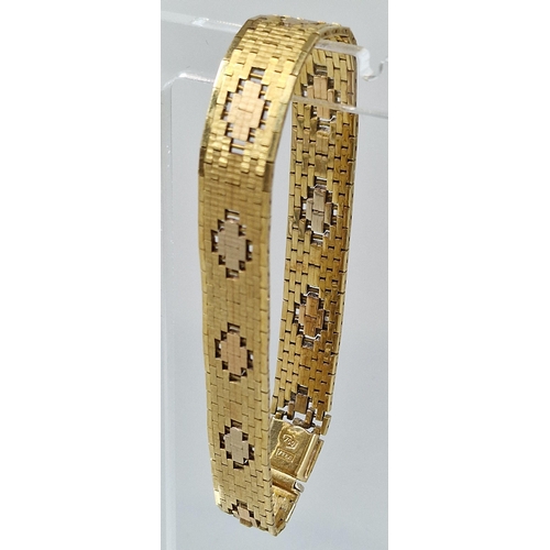 86 - 18ct gold articulated flat weave design ladies' bracelet with repeating geometric designs. Marked 75... 