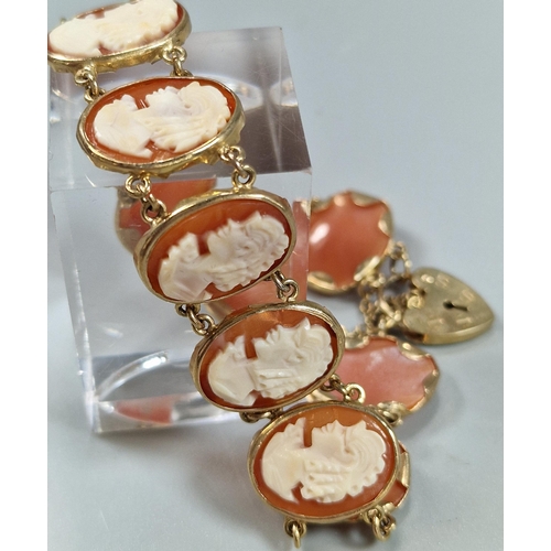 88A - 9ct gold cameo portrait bracelet with heart padlock. 14.3g approx. (B.P. 21% + VAT)