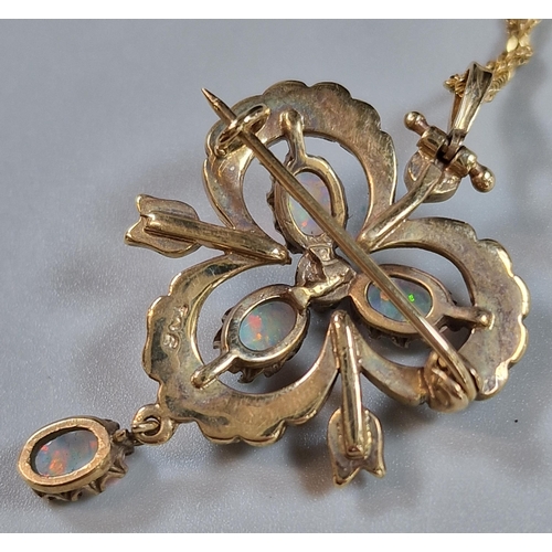 95 - 9ct gold clover shaped pendant inset with seed pearls and opals on 9ct gold herringbone chain. The c... 