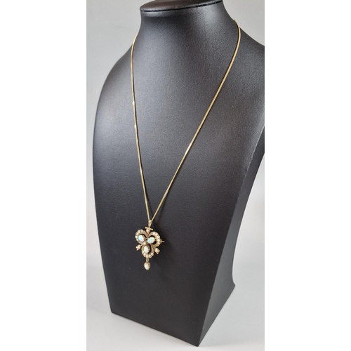 95 - 9ct gold clover shaped pendant inset with seed pearls and opals on 9ct gold herringbone chain. The c... 