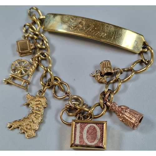 99 - 9ct gold identity charm bracelet to include: Cymru map, Welsh lady, spinning wheel etc.  Total weigh... 