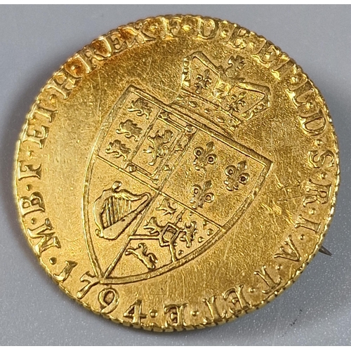 103 - George III gold Guinea coin dated 1794, now converted to a brooch.  Total weight 8.8g approx.  (B.P.... 