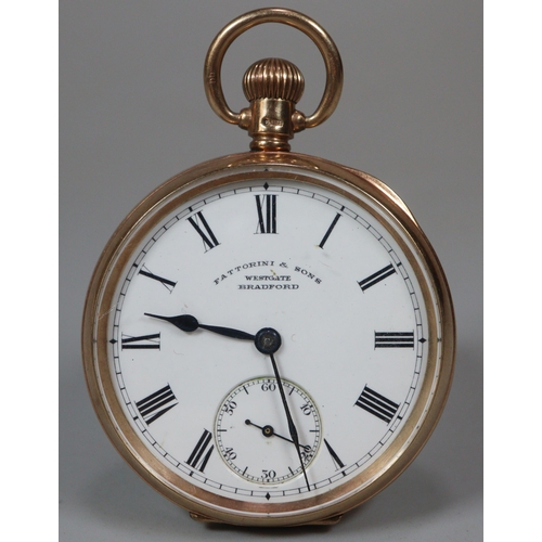 125 - 9ct gold open faced keyless gentleman's pocket watch, having Roman face with seconds dial and marked... 