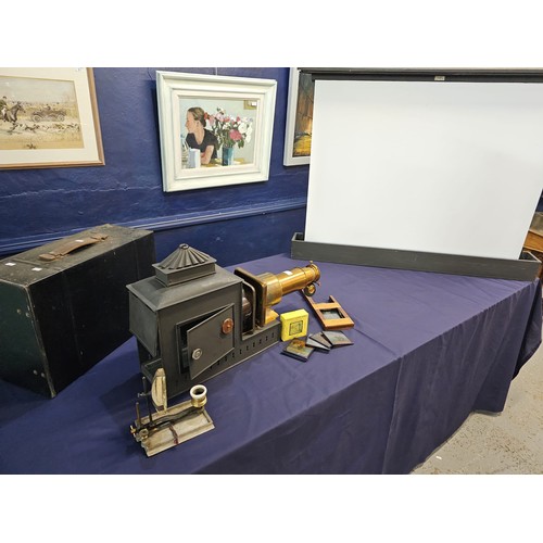 172 - Magic lantern and slide carrier with box of slides featuring 'Robinson Crusoe' in original box toget... 