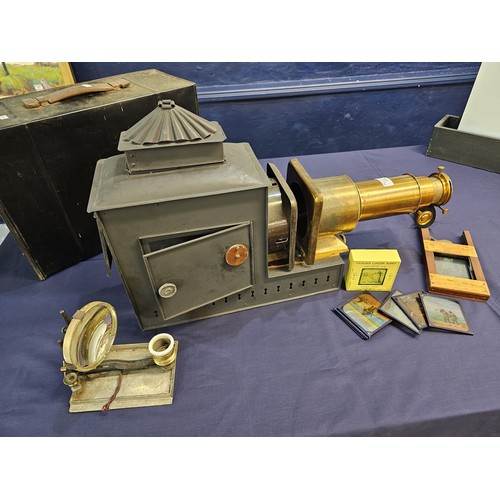 172 - Magic lantern and slide carrier with box of slides featuring 'Robinson Crusoe' in original box toget... 