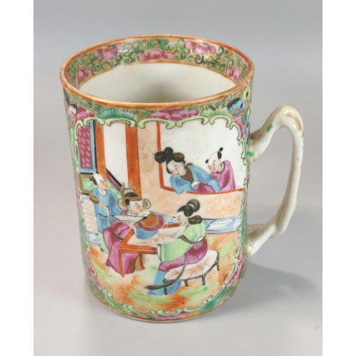 207 - Chinese export porcelain Canton Famille Rose straight sided mug with entwined handle decorated in tw... 