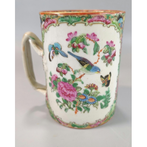 207 - Chinese export porcelain Canton Famille Rose straight sided mug with entwined handle decorated in tw... 