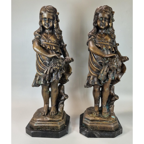 219 - After Lorenzo Bozzi, (Italian born 1864), two patinated bronze figures modelled as a young girl, bot... 