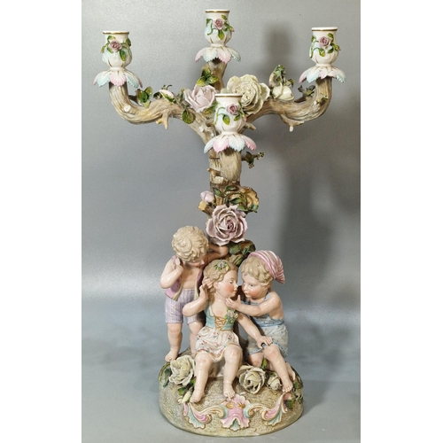 225 - Three German, including Sitzendorf, centre pieces to include two similar figural comports, the baske... 