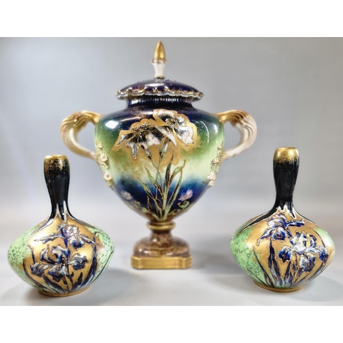 238 - Turn Teplitz - Bohemia, Austrian three piece garniture vase set comprising two handled urn vase and ... 