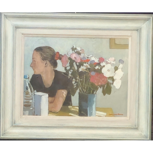 310 - James Mackeown (British born 1961), woman at table with vase of flowers, signed. Oils on canvas. 46x... 