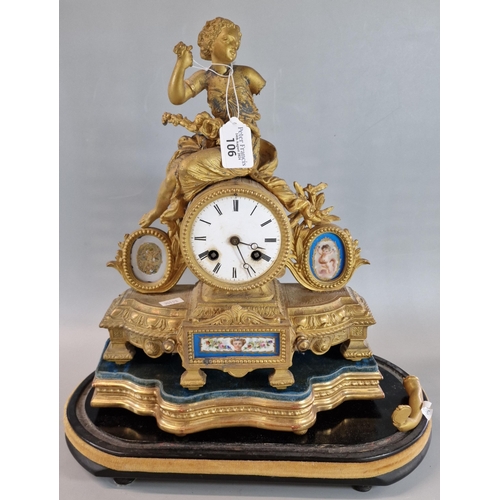 106 - 19th century French gilt metal two train figural mantel clock on stand (distressed condition).  (B.P... 