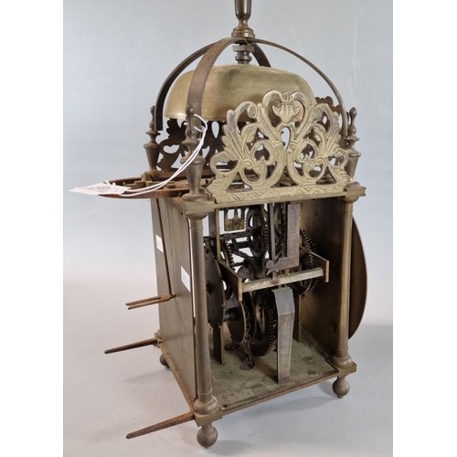 107 - 17th century style brass hook and spike lantern clock, having Roman chapter ring to the face marked ... 