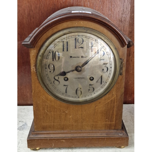 112 - Early 20th century Edwardian inlaid mahogany two train mantle clock with silvered Roman face. 32cm h... 