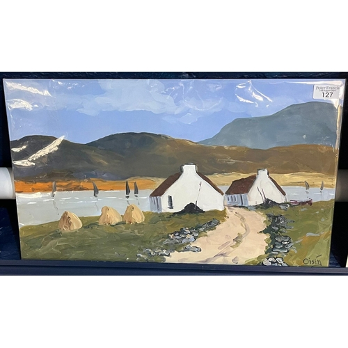 127 - Oisin (Irish School, 20th century), Lough-side crofts, signed. Oils on board. 32x52cm approx. Unfram... 