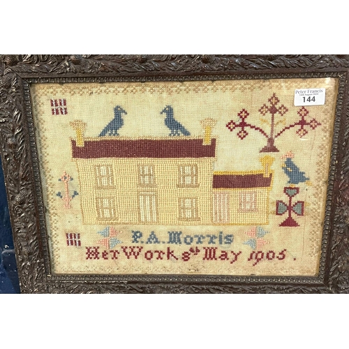 144 - Edwardian Welsh tapestry sampler by 'P A Morris, Her Work 8th May 1905'. 30x40cm approx. Period fram... 