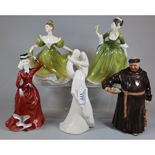 177 - Three Royal Doulton figurines to include: 'The Jovial Monk', 'Lynne' and 'Simone' together with two ... 