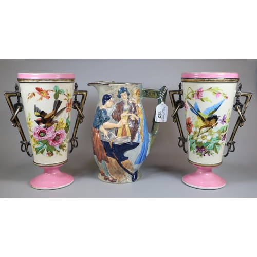 182 - Pair of of late 19th century aesthetic design opaline glass tapering vases, hand painted with birds ... 