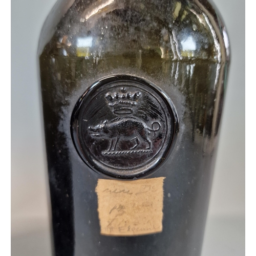 19 - 18th century wine bottle with a seal incorporating a coronet and a boar. 28.5cm high approx., togeth... 