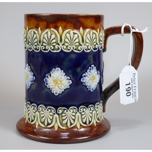 190 - Royal Doulton stoneware 1475 tankard, decorated with relief moulded repeating flowerhead and foliate... 