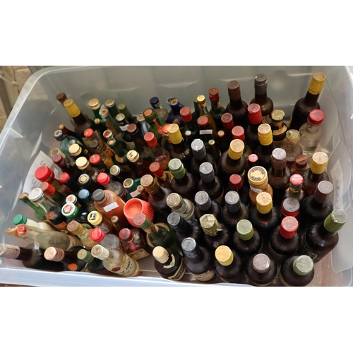 199 - Plastic box of alcohol miniatures to include: Port, Madeira, Sherry, Chery Liqueur, Irish Coffee Liq... 