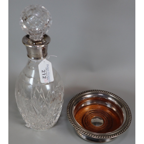 212 - Cut glass mallet shaped decanter with silver collar, Birmingham hallmarks, together with silver plat... 