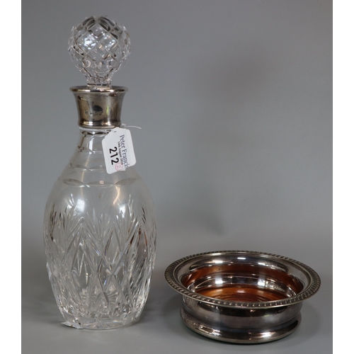 212 - Cut glass mallet shaped decanter with silver collar, Birmingham hallmarks, together with silver plat... 