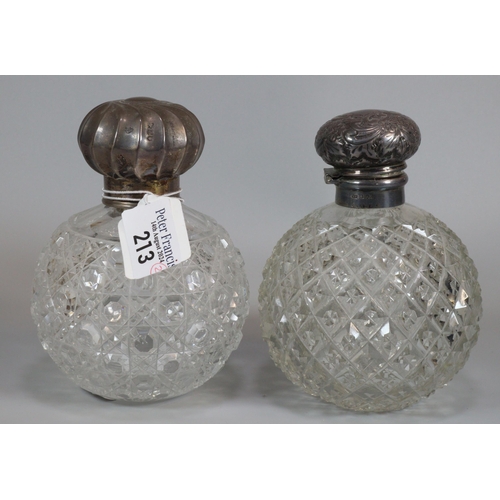 213 - Two similar Edwardian hobnail cut globular scent bottles with silver lids. (2) (B.P. 21% + VAT)