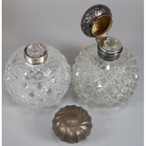 213 - Two similar Edwardian hobnail cut globular scent bottles with silver lids. (2) (B.P. 21% + VAT)