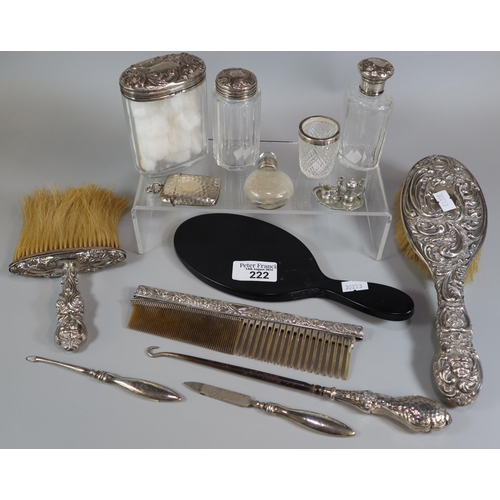 222 - Box of assorted silver and other items including: ladies' vanity brushes, glass dressing table jars ... 