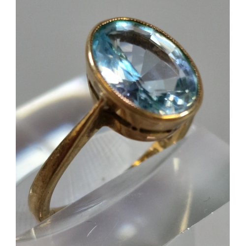 225 - 9ct gold and aqua coloured dress ring. 2.6g approx. Size K. (B.P. 21% + VAT)