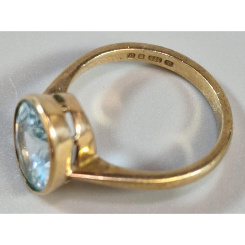 225 - 9ct gold and aqua coloured dress ring. 2.6g approx. Size K. (B.P. 21% + VAT)