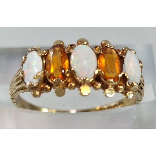 238 - 9ct gold orange and opal five stone ring. 1.7g approx. Size L1/2. (B.P. 21% + VAT)