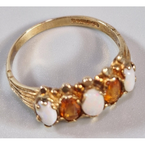 238 - 9ct gold orange and opal five stone ring. 1.7g approx. Size L1/2. (B.P. 21% + VAT)