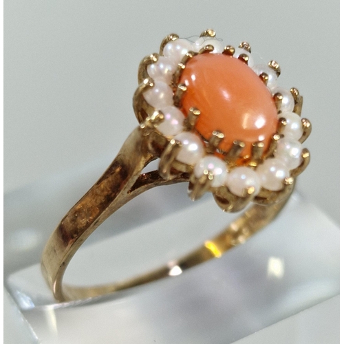 247 - 9ct gold coral and seed pearl cluster ring. 2.9g approx. Size Q. (B.P. 21% + VAT)