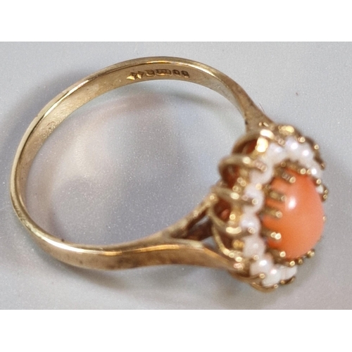 247 - 9ct gold coral and seed pearl cluster ring. 2.9g approx. Size Q. (B.P. 21% + VAT)