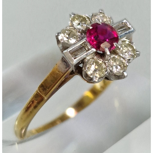 248 - 18ct gold and platinum diamond and ruby flowerhead ring. 3.5g approx. Size P. (B.P. 21% + VAT)