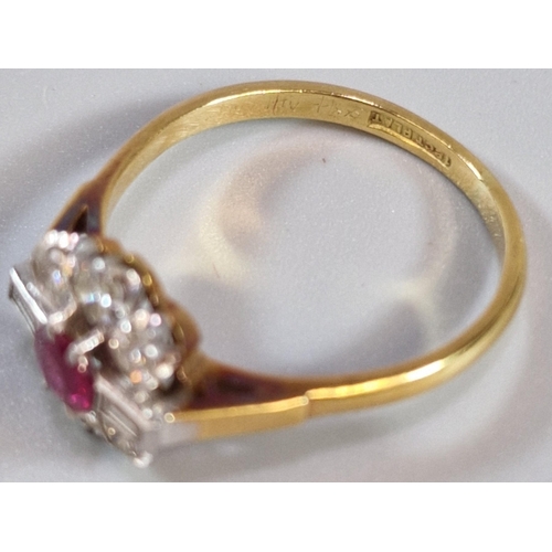 248 - 18ct gold and platinum diamond and ruby flowerhead ring. 3.5g approx. Size P. (B.P. 21% + VAT)