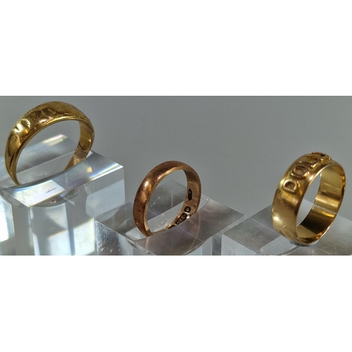 250 - 9ct rose gold wedding band. 2.5g approx. Size L together with two yellow metal bands, one marked 'Do... 