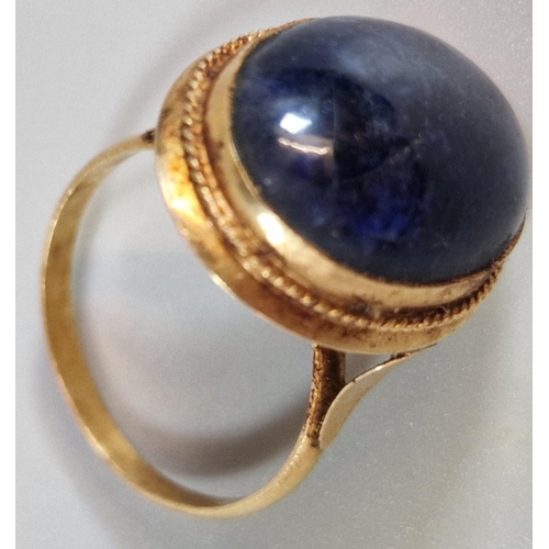 253 - Yellow metal and Lapis Lazuli cabochon stone dress ring. 4g approx. Size L. (B.P. 21% + VAT)