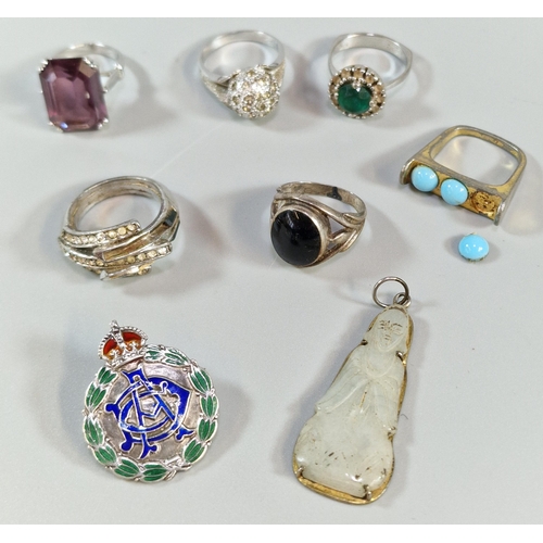 259 - Collection of dress rings together with a hardstone Chinese pendant etc. (B.P. 21% + VAT)