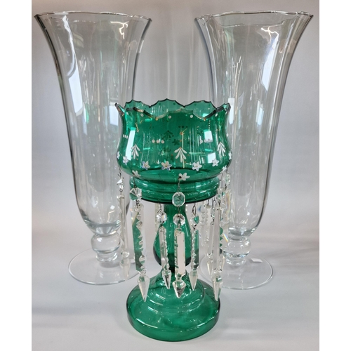 26 - Victorian green glass and enamelled vase lustre together with a pair of tall glass celery type vases... 