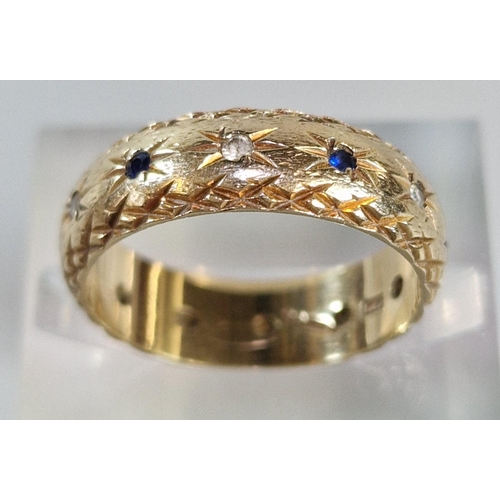 267 - 9ct gold blue and white stone wedding band. 3.5g approx. Size L. (B.P. 21% + VAT)