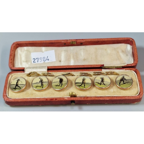 289 - Set of six cased yellow metal golfing studs, in original box. (B.P. 21% + VAT)