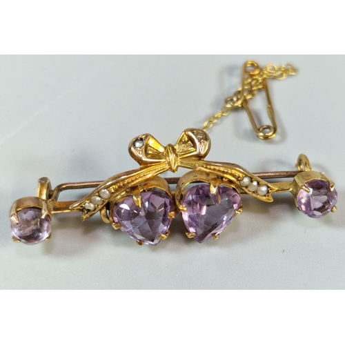 290 - 9ct gold bar brooch, overall with inset seed pearls and purple stone hearts in 'J Purton Watchmaker ... 