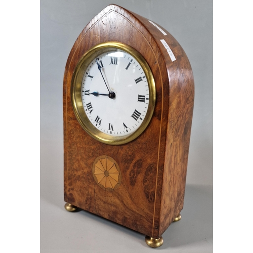 30 - Edwardian inlaid walnut lancet shaped mantle clock with ceramic Roman dial and brass bun feet. Frenc... 