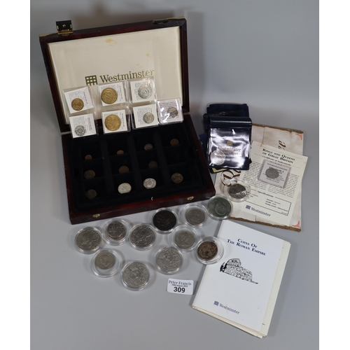 309 - Collection of GB coins to include: Westminster The Coins of the Roman Empire, 50p pieces, two shilli... 