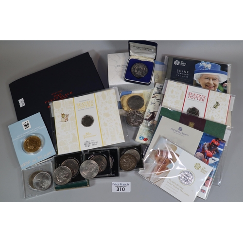 310 - Shoe box of coins and other items to include: 1896 Victorian silver Crown, 2007 Diamond Wedding silv... 