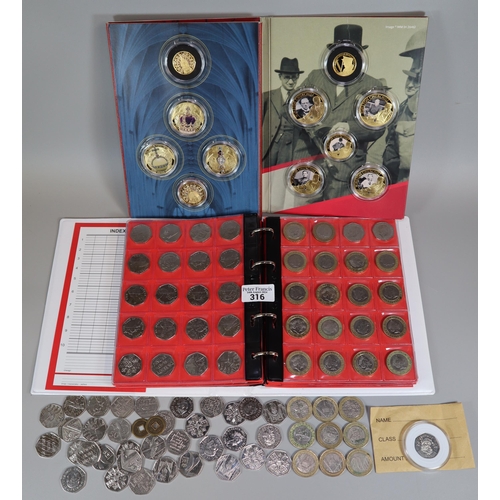 316 - Collection of GB coinage to include: large 50p collection in album, £2 coins, Winston Churchill The ... 